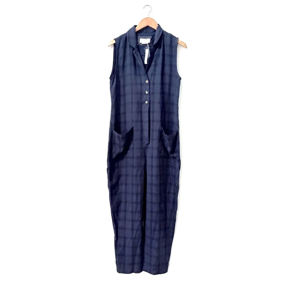 NWT Anthropologie Navy Plaid Sleeveless Cropped Jumpsuit Pockets Small - Picture 3 of 9